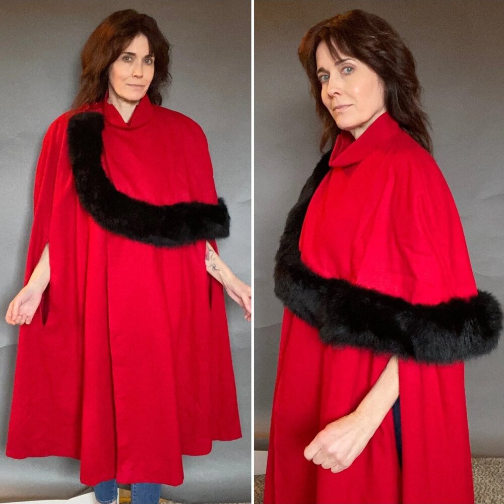 Vintage GJG Fur Cape Coat OSFA S M Cloak Poncho wool Originals Red